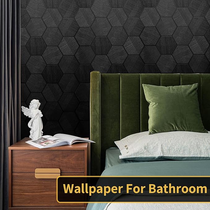 Black Peel and Stick Wallpaper Self Adhesive 3D Hexagon Geometric Embossed Contact Paper Removable Easy Peel Off Textured Wallpaper for Cabinet Bedroom 15.7" X 118"