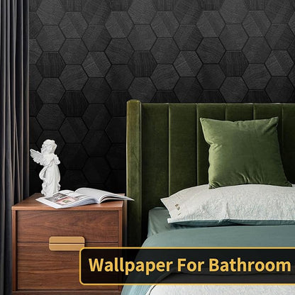 Black Peel and Stick Wallpaper Self Adhesive 3D Hexagon Geometric Embossed Contact Paper Removable Easy Peel Off Textured Wallpaper for Cabinet Bedroom 15.7" X 118"