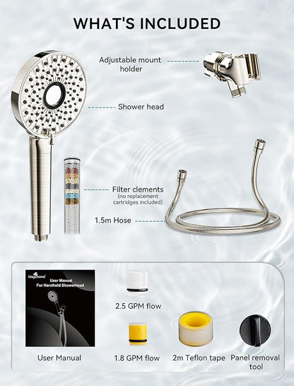 Magichome Filtered Shower Head with Handheld, High Pressure 10-Spd Detachable Chrome Showerhead with Stainless Hose, Water Softener Filter Beads for Hard Water - Remove Chlorine, Brushed Nickel-Silver