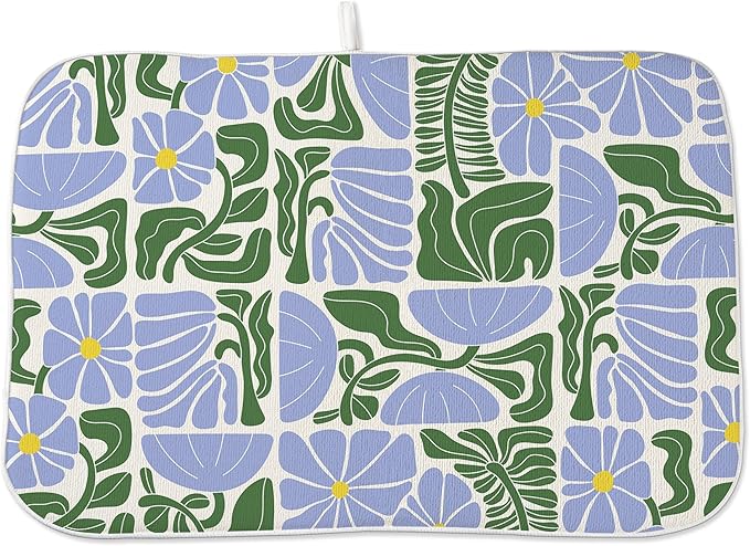 Boho Floral Drying Mat 18x24 Inches For Kitchen Counter Absorbent Spring Summer Abstract Blue Green Flower Kitchen Drying Mat Pad For Home Kitchen,Dining Room,Office Decoration