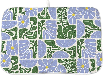 Boho Floral Drying Mat 18x24 Inches For Kitchen Counter Absorbent Spring Summer Abstract Blue Green Flower Kitchen Drying Mat Pad For Home Kitchen,Dining Room,Office Decoration