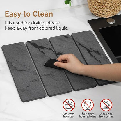 Small Stone Dish Drying Mat for Kitchen Counter, 2 PCS 16"×12" & 8"x4" Quick Dry Stone Mats, Foldable Water Absorbing Diatomite Drying Dish Pad for Countertop Bottles Utensils Cups(Dark Gray Ink)