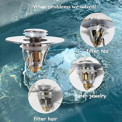 Bathroom Sink Stopper with Hair Catcher –for 1.1-1.5 Inch Bullet Core Push Type Basin Pop Up Drain Filter, Anti-Clog Basin Stopper,No Overflow with Basket Hair Catcher Silver