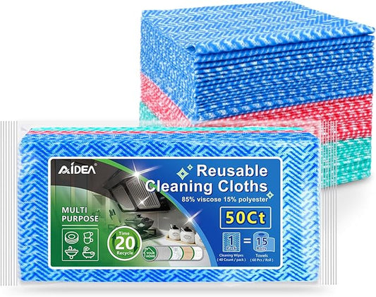 AIDEA Cleaning Wipes, Reusable Cleaning Cloth and Towels, Domestic Wipes for Dish&Kitchen, 50 Count Multi-Purpose Rags, 12 * 12 Inch