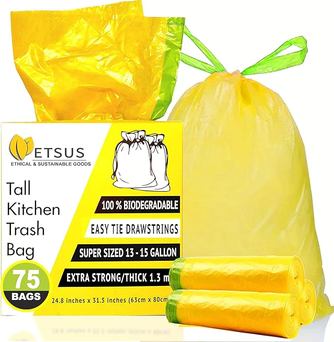 13 Gallon Biodegradable Trash Bags with Drawstrings, 75 Count Plant Based, Code Q Tall Kitchen Compost Bags 50 Liter Bin - Green Garbage Liners - 1.3 mil Thick Heavy Duty and Eco Friendly Trash Bags