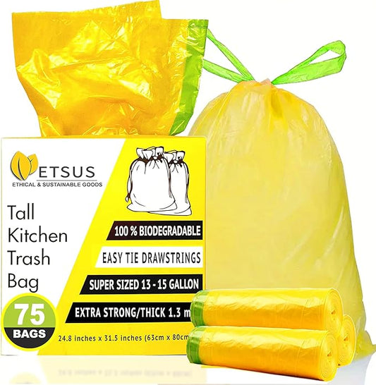 13 Gallon Biodegradable Trash Bags with Drawstrings, 75 Count Plant Based, Code Q Tall Kitchen Compost Bags 50 Liter Bin - Green Garbage Liners - 1.3 mil Thick Heavy Duty and Eco Friendly Trash Bags