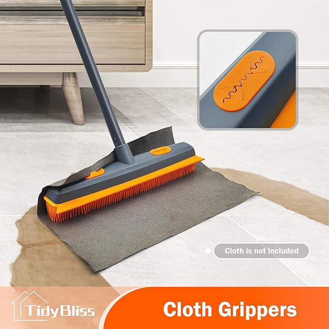 Pet Hair Removal Broom, 57.5 inches Rubber Brush Carpet Rake with Silicone Squeegee, Fur Remover Tool with Detailing Lint Comb for Cleaning Rug, Tile, Hardwood Floor (Gray Orange)