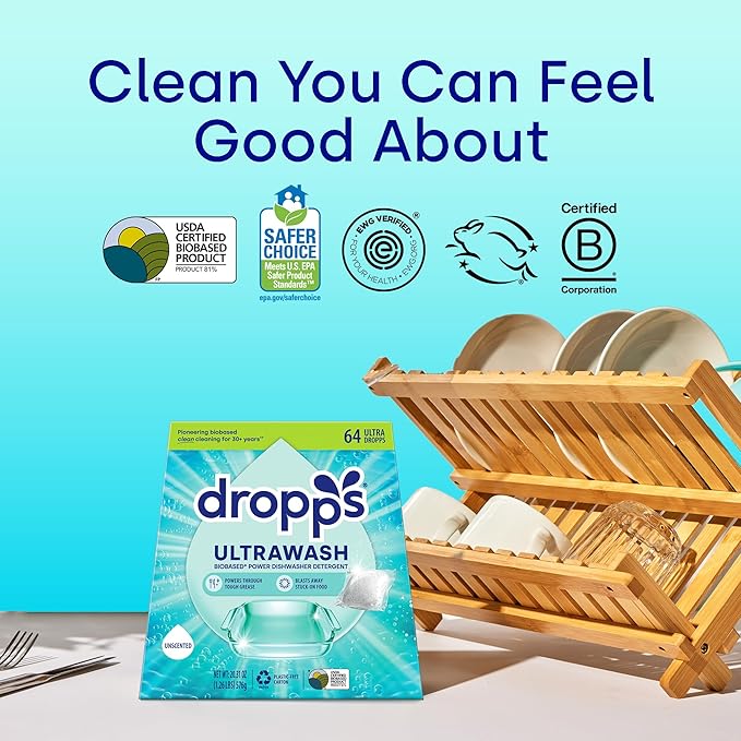 Dropps UltraWash Dishwasher Detergent Pods, Unscented (64 Ct) - Free & Clear | Cuts Grease & Stuck-On Food | Sparkling Dishes & Glasses | Residue-Free | Clean Ingredients | Plastic Free Packaging