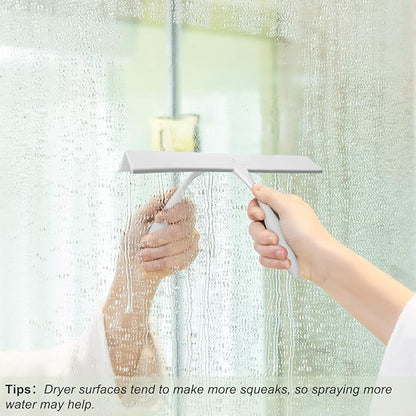 Shower Squeegee for Glass Doors, 11-Inch Silicone Squeegee with Non-Slip Handle and Adhesive Hook for Bathroom, Mirror, Tile, Car Window (White)