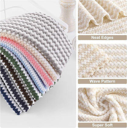 Homaxy 12 Pack Kitchen Dish Cloths, Ultra Soft and Absorbent Dish Towels, Reusable Fast Drying Microfiber Cleaning Cloth, Coral Velvet Wave Design No-lint, 10 x 10 inches, Beige