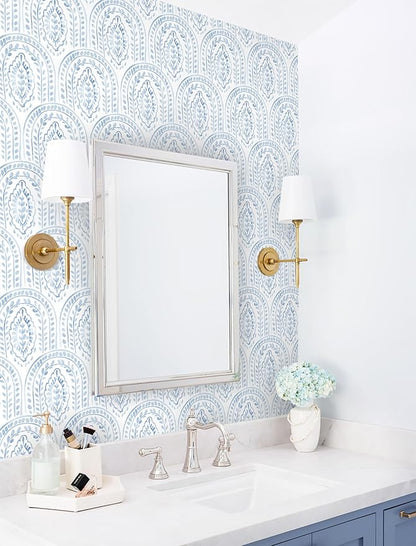 EeeComing Blue Peel and Stick Wallpaper Boho Wall Paper Peel and Stick Modern Contact Paper Self Adhesive Wallpaper for Bedroom and Bathroom Wallpaper Removable Cabinet Shelf Liner Vinyl 17.3”X197”