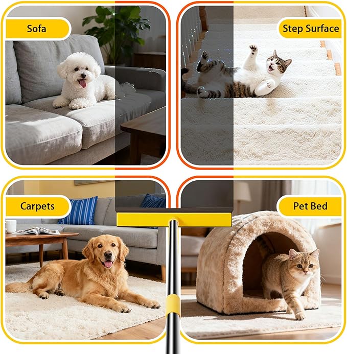 Rubber Broom for Pet Hair Removal, Carpet rake with Squeegee for Cleaning Pet Hair, 52 inch Long Handle Rubber Broom,Dual-Sided for Small Fluff Carpet, Hardwood Floor, Tile,Orange