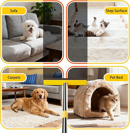 Rubber Broom for Pet Hair Removal, Carpet rake with Squeegee for Cleaning Pet Hair, 52 inch Long Handle Rubber Broom,Dual-Sided for Small Fluff Carpet, Hardwood Floor, Tile,Orange