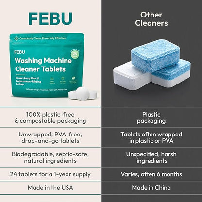 FEBU Washing Machine Cleaner Tablets Made in USA | Washer Machine Cleaner & Deodorizer | Removes Gunk & Grime | 7 Natural, Biodegradable, Plant-Based Ingredients | 24 Tablets - 12 Month Supply