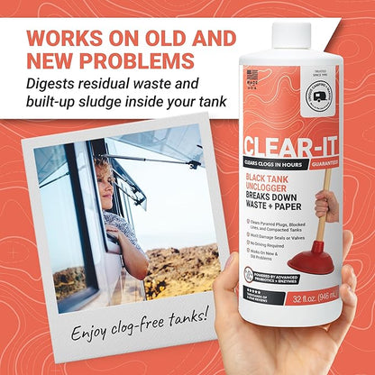 Unique Clear-It RV Black Tank Unclogger Liquid - Breaks Through Pyramid Plugs, Compacted Tanks, and Clogged Pipes (32 oz) Amazon Exclusive Packaging