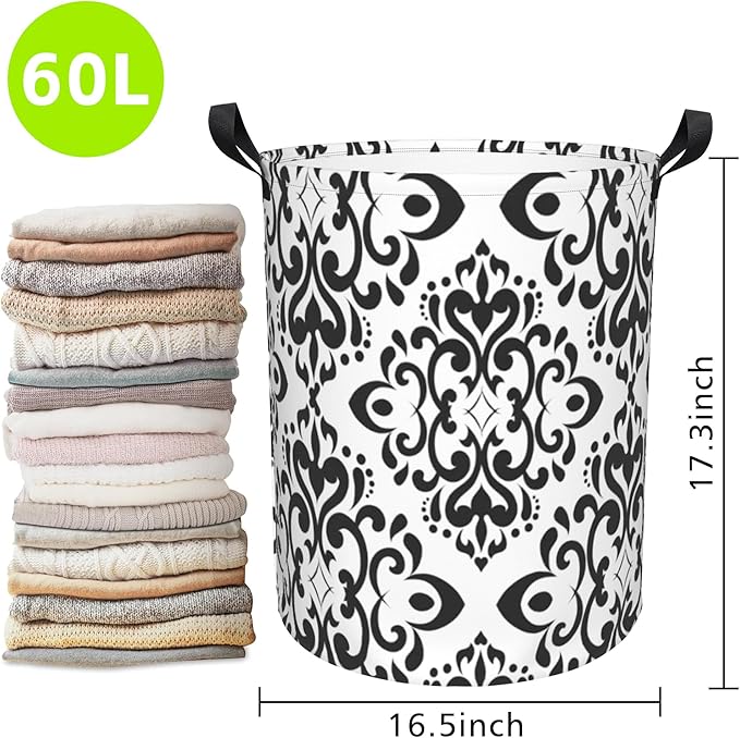 Vintage Damask Laundry Basket Foldable Laundry Hamper Waterproof Oxford Cloth Large Laundry Basket Clothes Storage Bucket Toy Organizer For Bathroom, Laundry, College 17.3 x16.5 Inch
