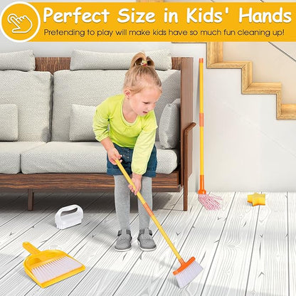 Masthome Kids Cleaning Set, 8 Piece Cleaning Toys Set, Includes Mop, Broom, Brush, Dustpan, Microfiber Cloth, Cleaning Sponge, Squeegee, Window Scraper, Pretend Play Toys for Girls Boys - Yellow