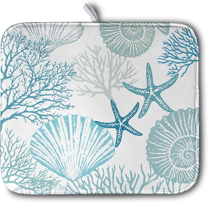 Summer Blue Dish Drying Mat for Kitchen Counter Nautical Coastal Teal Dishes Drainer Mats Beach Coral Seashell Starfish Ocean Absorbent Microfiber Dish Draining Pad 16x18 Inch