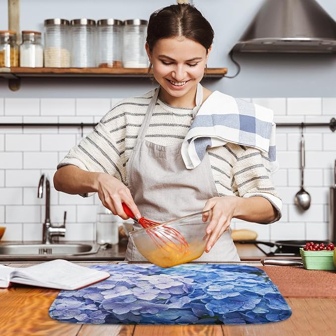 Sanwarm Absorbent Dish Drying Mat, Blue Purple Hydrangea Flower Microfiber Pad for Kitchen Counter, Coffee Bar Decor, Heat Resistant and Reversible, 18" x 24"