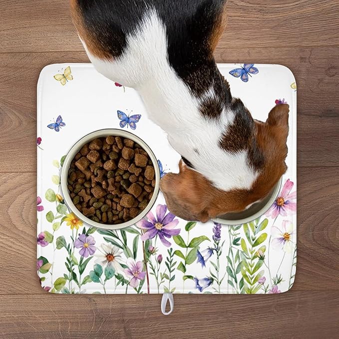 Wildflower Dish Drying Mat for Kitchen 18x16 Inch Colorful Floral Butterfly Drying Mat with Absorbent Reversible Microfiber Season Spring Dish Drainer Mats Rack Pad for Coffee Countertop Protector