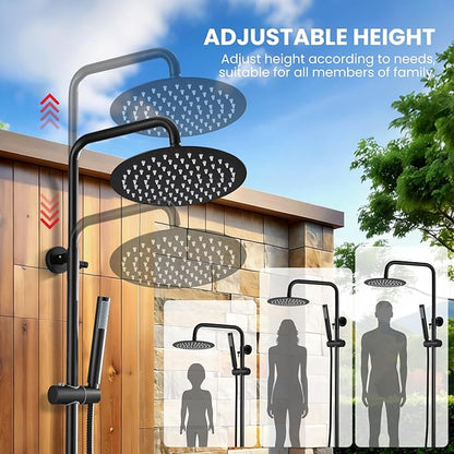 gotonovo Outdoor Shower Fixtures SUS304 Stainless Steel Rain Shower Kit Faucet High Pressure Wall Mount 2 Dual Function 8 Inch Showerhead and Handheld Spray Combo, Single Handle, Matte Black