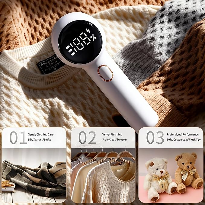 Fabric Shaver, Electric Lint Remover Rechargeable with 2 Replaceable Blades, 3 Speeds, Digital LED Display to Remove Pilling for Clothes, Furniture, Sweater, Couch, Blanket (White)