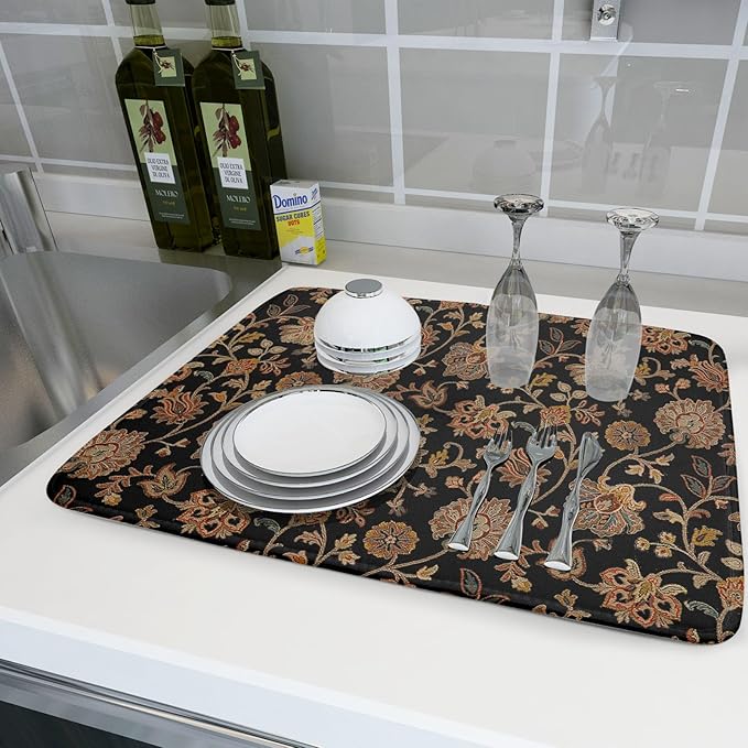 Vintage Tapestry Floral Dish Drying Pad 18 x 24 Inch With Absorbent Reversible Microfiber Black Brown Boho Carpet Flowers Drying Mats Dish Drainer Mat Fast Dry For Kitchen Dining Room Decoration