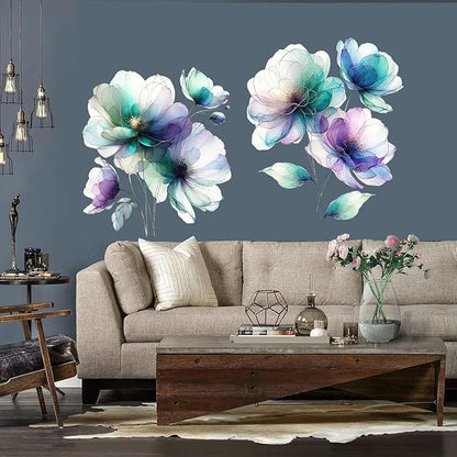 Boho Flower Wall Stickers Wildflower Floral Grass Peel and Stick Wall Stickers Living Room Bedroom Nursery Wall Decor (Blue)