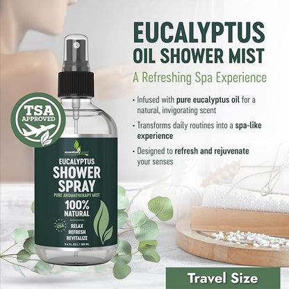 Pure Eucalyptus Shower Spray Travel Size (3.4oz) - 100% Pure and Organic Oil - Eucalyptus Spray for Shower, Sauna and Spa - Steam Room Oil - TSA Approved - Travel Size (3.4oz) - Made in USA