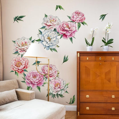 Peony Flower Wall Decal Pink Flower Plant Wall Stickers Natural Theme Peel and Stick Decor Suitable for Living Room Bedroom (Peony Flower)