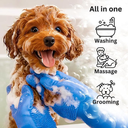 Dog Washing Gloves with Bristle Scrubbers, Reusable Silicone Gloves Ideal for Pet Bathing, Massaging & Grooming (Blue)