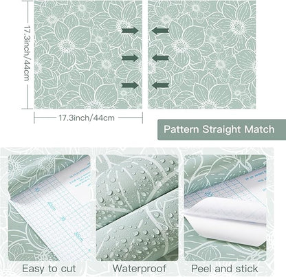 Guvana Peel and Stick Wallpaper Floral Wall Paper Boho Grayish Green and White Removable Self Adhesive Wallpaper for Bedroom Bathroom Contact Papaer for Cabinet Waterproof Vinyl Roll 17.3"×197"