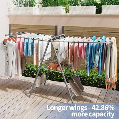 APEXCHASER Drying Rack Clothing, Clothes Drying Rack Foldable, Metal Laundry Drying Rack Collapsible for Sweater Towel Indoor & Outdoor, Height Adjustable Gullwing Clothes Airer, Grey