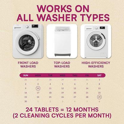 Washing Machine Cleaner Tablets Unscented 24 Pack Residue-free Laundry Washer Cleaner for HE Front Load, Top Load Washing Machine Cleaning Tablets Pro Descaler Deodorizer, Low Suds 1 Year Supply