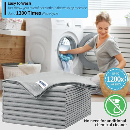HOMERHYME Microfiber Cleaning Cloth - 10 Pack Glasses Cleaning Cloth, 16" x 14" Window Cleaning Rags, Streak Free Lint Free Polishing Cloths Wipes for Eye Glass, Stainless Steel, Windshield, Grey