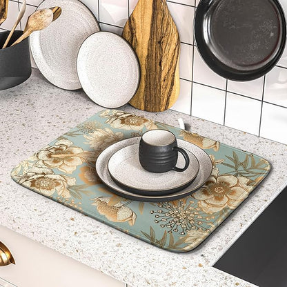 Retro Flower Bird Dish Drying Pad 16 x 18 Inch With Absorbent Reversible Microfiber Vintage Blue Gold Floral Drying Mats Dish Drainer Mat Fast Dry For Kitchen Dining Room Decoration