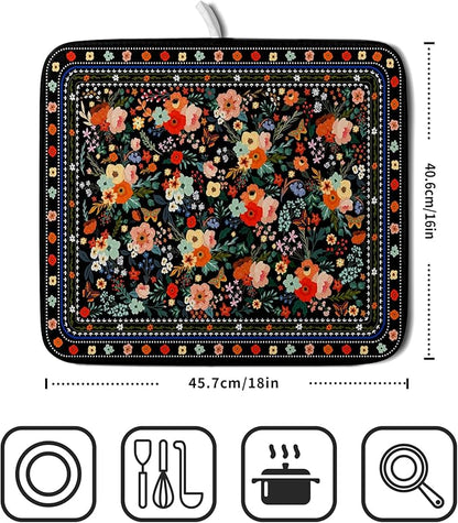 Black Flowers Dish Drying Pad Boho Floral Washable Microfiber Kitchen Mat for Home Decor