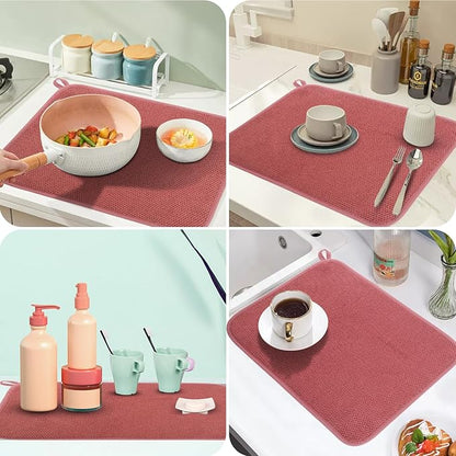GeeRic Microfiber Dish Drying Mat, Super Absorbent Kitchen Dish Drying Pad, Reversible for Countertop, 12*16 inch Red