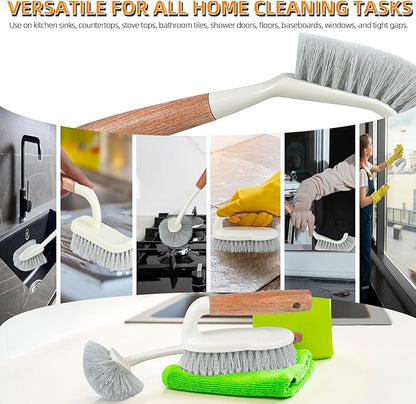 5-Pack Heavy Duty Scrub Brushes Set with Wooden Handles, Multi-Surface Scrubber for Kitchen, Bathroom, Tile & Grout, Includes Spherical, Triangle, Square & Dish Brush for Stubborn Stains