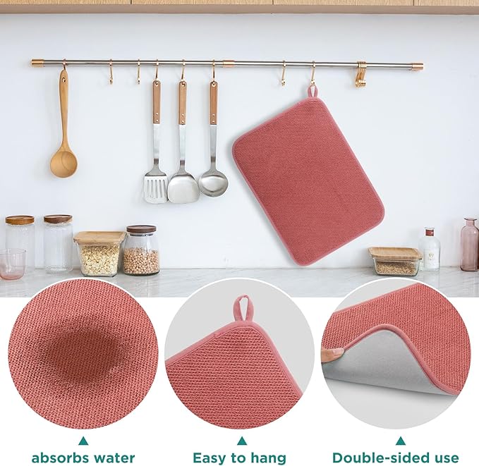 GeeRic Microfiber Dish Drying Mat, Super Absorbent Kitchen Dish Drying Pad, Reversible for Countertop, 15*20 inch Red