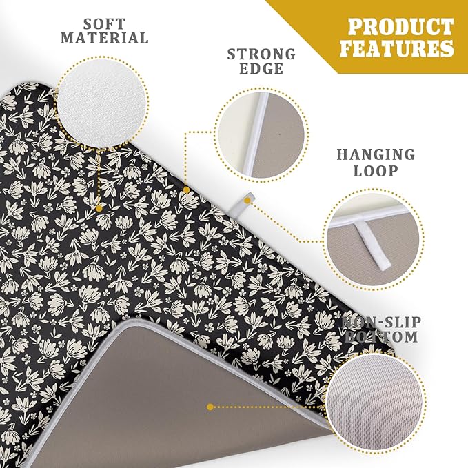 Floral Dish Drying Mat for Kitchen Counter 24x18 Inch Black Flower Drying Mat with Absorbent Reversible Microfiber Holiday Season Spring Dish Drainer Mats Rack Pad for Coffee Countertop Protector