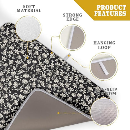 Floral Dish Drying Mat for Kitchen Counter 24x18 Inch Black Flower Drying Mat with Absorbent Reversible Microfiber Holiday Season Spring Dish Drainer Mats Rack Pad for Coffee Countertop Protector