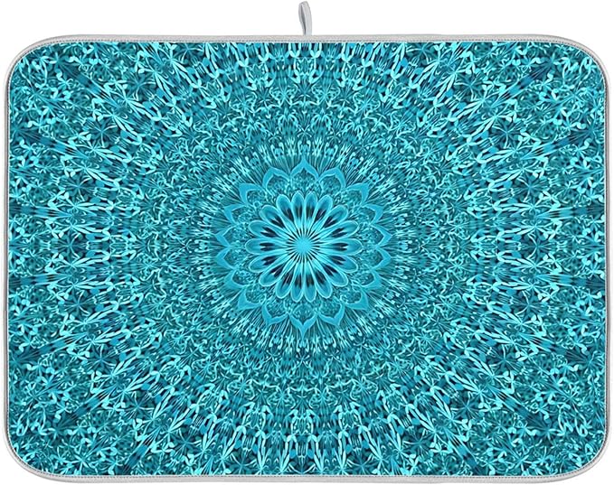 Super Absorbent Dish Drying Mat Microfiber Fast-Drying Dish Mat 16" x 18" Kitchen Dish Drying Pad Mandala Turquoise Teal Blue Green