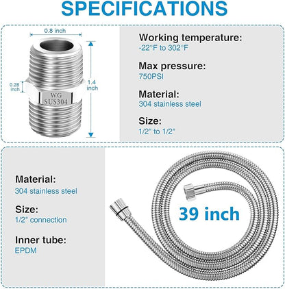 Dreyoo 2 Pack 39 Inch Shower Hose with Shower Extension Connector, Extra Long Handheld Head Hose with Brass Insert and Nut, 1/2 to 1/2 Extender, Stainless Steel