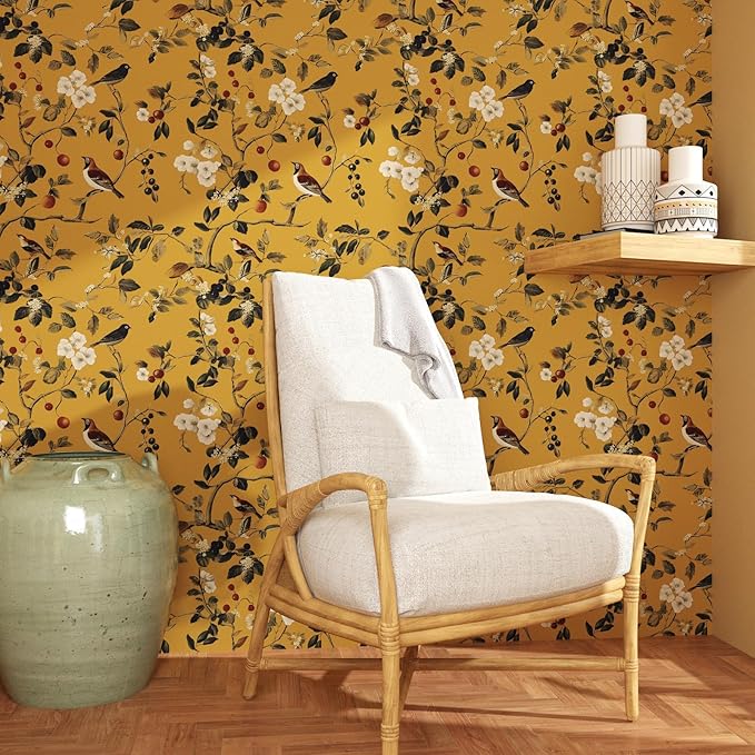 Laatse Vintage Bird Wallpaper 17.5"x393" Yellow Chinoiserie Floral Wallpaper Peel and Stick Removable Waterproof Self Adhesive Boho Wall Paper Floral Contact Paper for Bedroom Walls Cabinet Locker