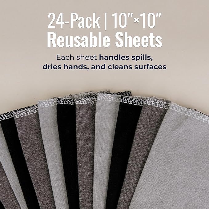 Zero Waste Reusable Paper Towels, Organic Cotton Flannel Wipes for Kitchen, Bathroom, Hand Drying, Pet Messes, and Counter Cleaning, Grey Tones, 24-Pack Gift Set
