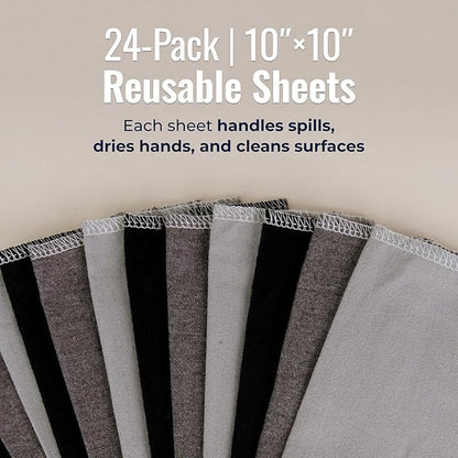 Zero Waste Reusable Paper Towels, Organic Cotton Flannel Wipes for Kitchen, Bathroom, Hand Drying, Pet Messes, and Counter Cleaning, Grey Tones, 24-Pack Gift Set