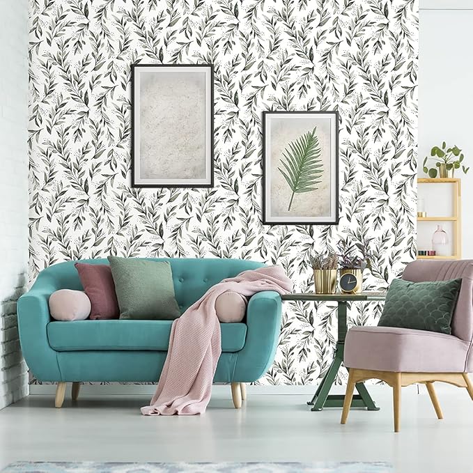 Livebor Olive Leaf Wallpaper Peel and Stick Leaf Contact Paper 17.7inch x 590.5inch Sage Green Peel and Stick Wallpaper Modern Farmhouse Wall Paper Neutral Removable Self Adhesive Decorative Vinyl