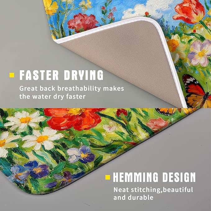 Floral Dish Drying Mat for Kitchen Counter 16x18 Spring Summer Theme Colorful Flower Butterfly Seasonal Absorbent Reversible Microfiber Drying Mats Kitchen Countertop Protector Dishes Drainer Pad