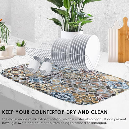 Sanwarm Absorbent Dish Drying Mat, Retro Colorful Tiles Vintage Floral Microfiber Pad for Kitchen Counter, Coffee Bar Decor, Heat Resistant and Reversible, 18" x 24"